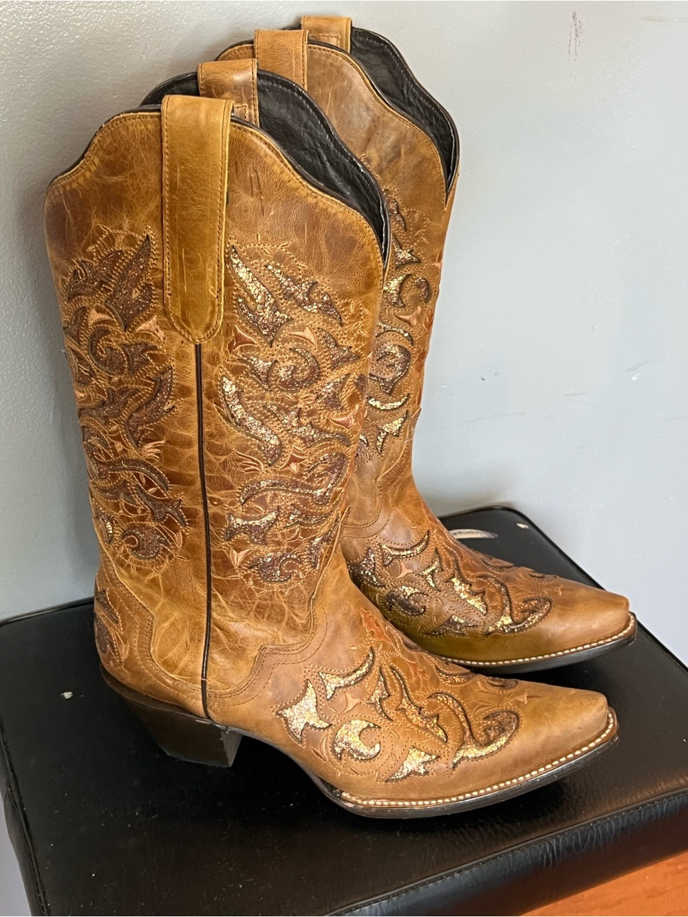 J.B. Dillon Tan Brown Embroidered Western Heeled Boots
